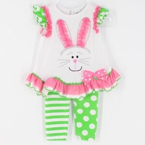 Rare Editions Bunny Easter Outfit Set 3-6M White Green Pink 2pc Leggings Tunic